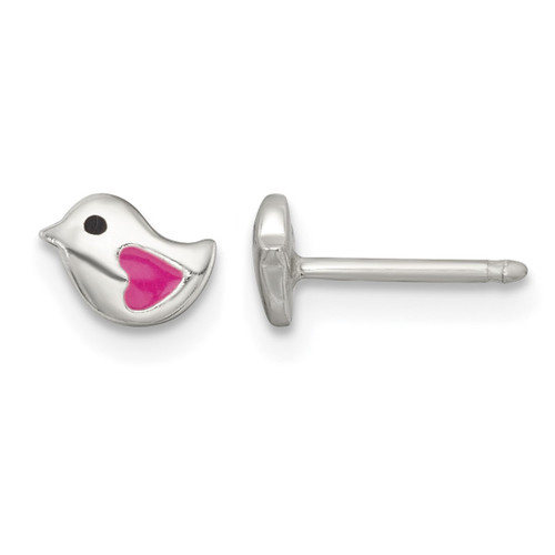 Rhodium-Plated Sterling Silver Polished Enameled Black and Pink Heart Bird Stud Earrings, 4 mm