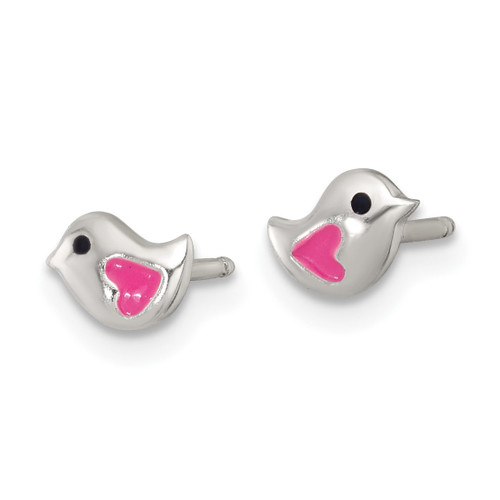 Rhodium-Plated Sterling Silver Polished Enameled Black and Pink Heart Bird Stud Earrings, 4 mm - View 2