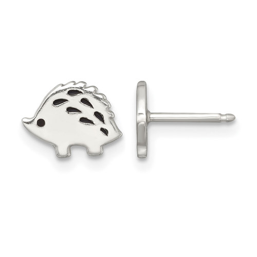 Rhodium-Plated Sterling Silver Polished Black Enameled Hedgehog Stud Earrings, 7.5 mm