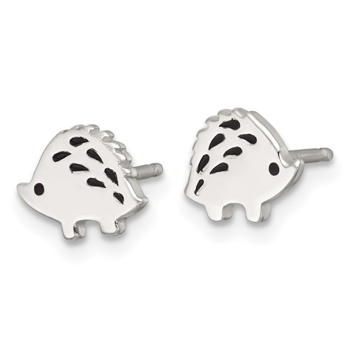 Rhodium-Plated Sterling Silver Polished Black Enameled Hedgehog Stud Earrings, 7.5 mm - View 2