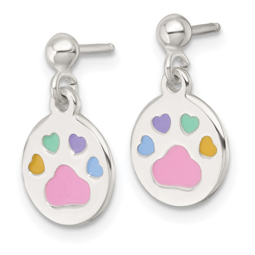 Rhodium-Plated Sterling Silver Polished Enameled Multi-Color Heart Pawprint Dangle Earrings, 16 mm - View 2