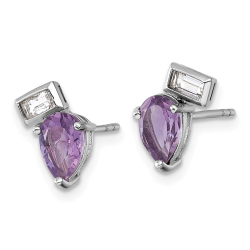 Sterling Silver Rhodium-Plated Polished Pear Amethyst and Emerald-Cut White Topaz Stud Earrings, 10.8 mm - View 2