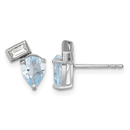 Sterling Silver Rhodium-Plated Polished Pear Sky Blue and Emerald-Cut White Topaz Stud Earrings, 11 mm