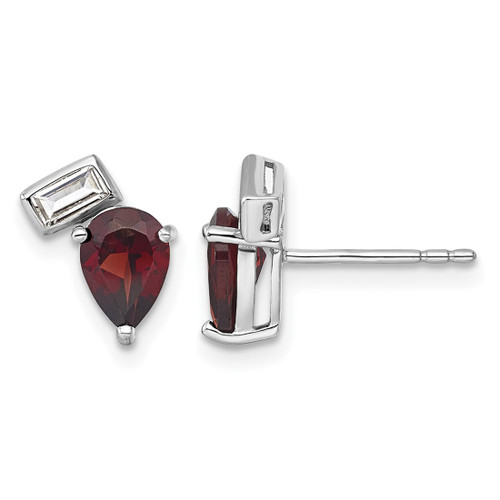 Sterling Silver Rhodium-Plated Polished Pear Garnet and Emerald-Cut White Topaz Stud Earrings, 10.85 mm