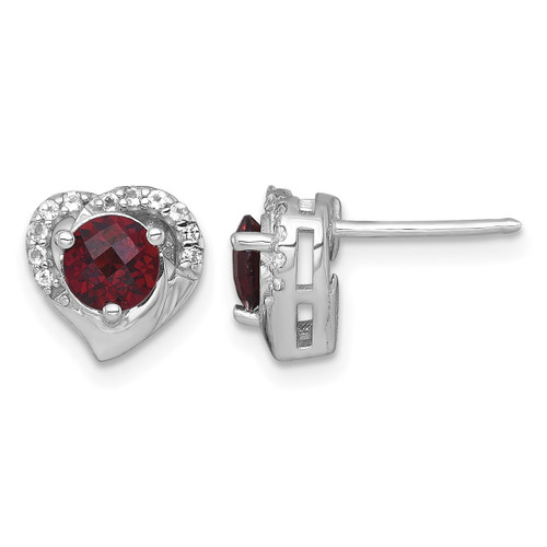 Sterling Silver Rhodium-Plated Polished Garnet and White Topaz Heart Stud Earrings, 9.2 mm