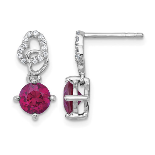 Sterling Silver Rhodium-Plated Polished Round Lab-Created Ruby and Cubic Zirconia Heart Post Dangle Earrings, 16.7 mm