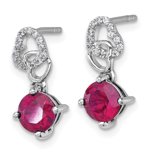 Sterling Silver Rhodium-Plated Polished Round Lab-Created Ruby and Cubic Zirconia Heart Post Dangle Earrings, 16.7 mm - View 2