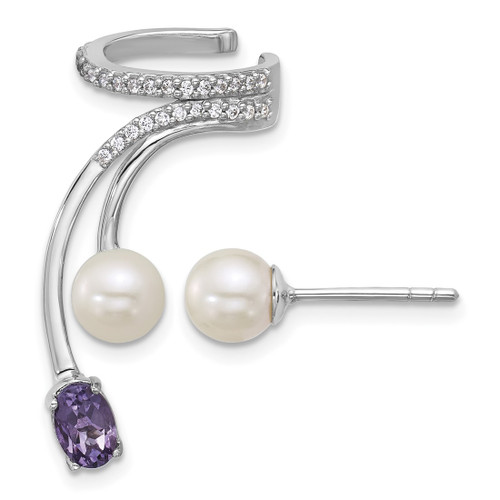 Sterling Silver Rhodium-Plated Cubic Zirconia, White Cultured Freshwater Pearl and Oval Amethyst Post and Cuff Asymmetric Drop Earrings, 33.6 mm Long
