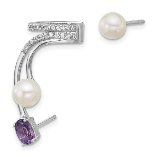Sterling Silver Rhodium-Plated Cubic Zirconia, White Cultured Freshwater Pearl and Oval Amethyst Post and Cuff Asymmetric Drop Earrings, 33.6 mm Long - View 2