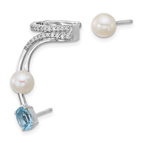 Sterling Silver Rhodium-Plated Cubic Zirconia, White Cultured Freshwater Pearl and Oval Blue Topaz Post and Cuff Asymmetric Drop Earrings - View 2