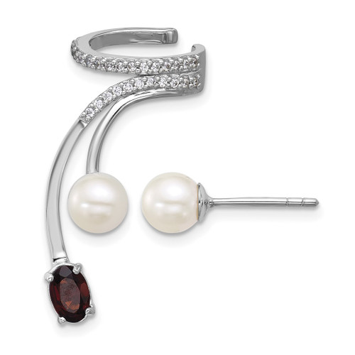 Sterling Silver Rhodium-Plated Cubic Zirconia, White Cultured Freshwater Pearl and Oval Garnet Post and Cuff Asymmetric Drop Earrings, 31.15 mm Long