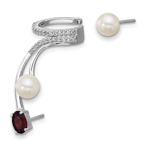Sterling Silver Rhodium-Plated Cubic Zirconia, White Cultured Freshwater Pearl and Oval Garnet Post and Cuff Asymmetric Drop Earrings, 31.15 mm Long - View 2