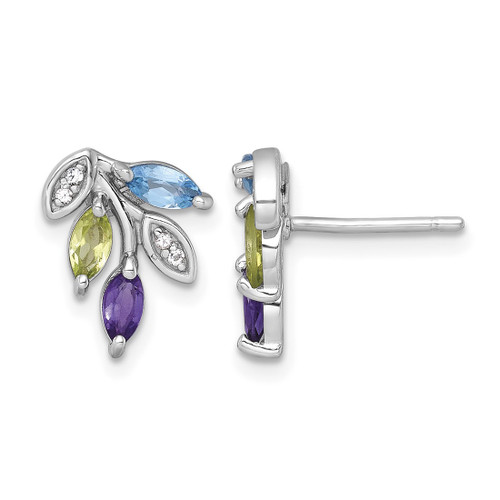 Sterling Silver Rhodium-Plated Polished Amethyst, Peridot, and Blue and White Topaz Leaf Stud Earrings, 14.05 mm