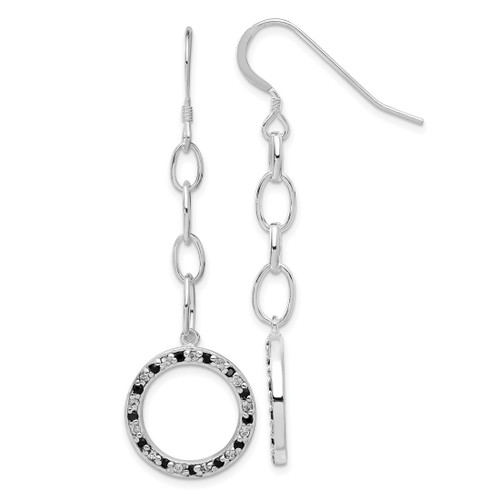 Sterling Silver Fancy Black & Clear Cubic Zirconia Circle Dangle French Wire Earrings, 58.25 mm