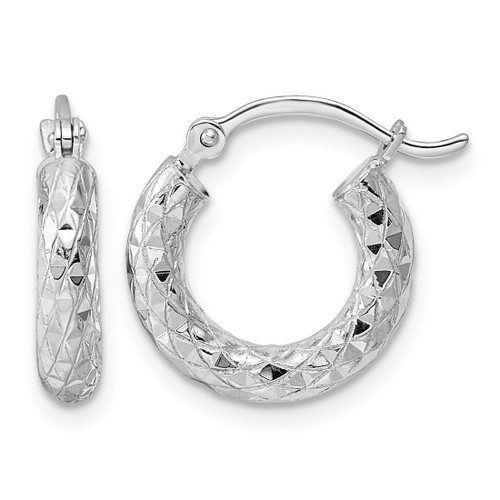 Sterling Silver Rhodium-Plated 3.00 mm Diamond-Cut Hoop Earrings, 15 mm Long