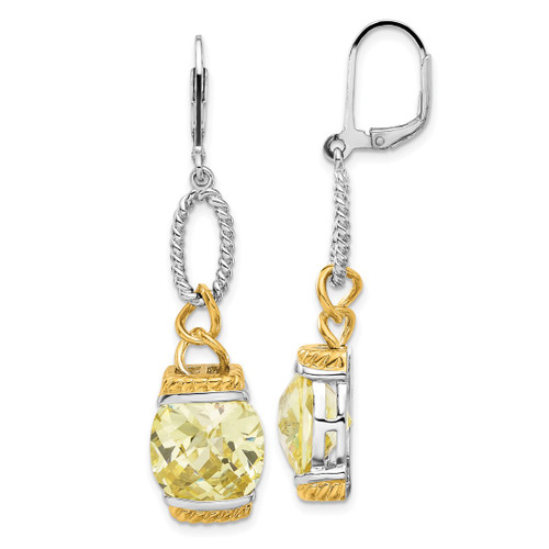 Sterling Silver with Gold-Tone Vermeil Light Yellow Cubic Zirconia Dangle Leverback Earrings, 52 mm