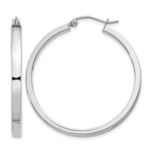 Sterling Silver Rhodium-Plated Concave 3 x 1 x 35 mm Rectangular Tube Hoop Earrings