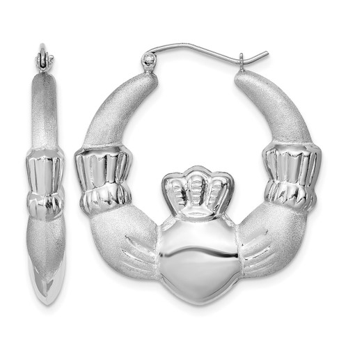 Sterling Silver Rhodium-Plated Polished/Satin Claddagh Hoop Earrings, 34 mm