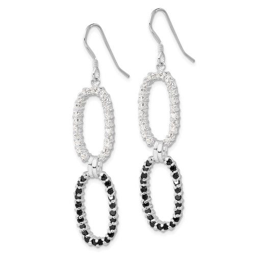 Sterling Silver Polished Fancy Black & Clear Cubic Zirconia Oval Dangle French Wire Earrings, 59.5 mm - View 2