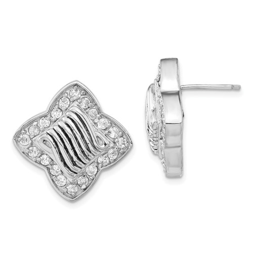 Sterling Silver Polished & Antiqued Cubic Zirconia Stud Earrings, 22.35 mm