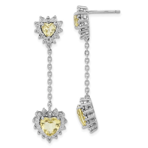 Rhodium-Plated Sterling Silver Polished Diamond & Lemon Quartz Heart Dangle Earrings, 44 mm