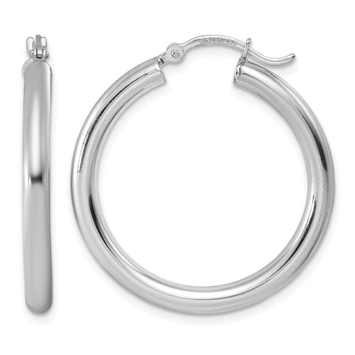 Sterling Silver Rhodium-Plated 3 mm Round Hoop Earrings, 31 mm Long