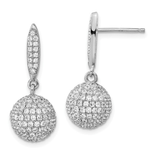Sterling Silver Rhodium-Plated Pavé Cubic Zirconia 3-D Ball Post Dangle Earrings, 26.75 mm