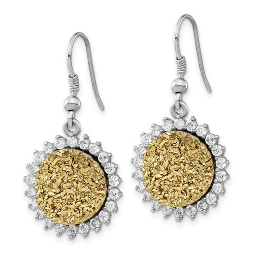 Sterling Silver Yellow Druzy & Cubic Zirconia Circle Shepherd Hook Dangle French Wire Earrings, 36 mm - View 2