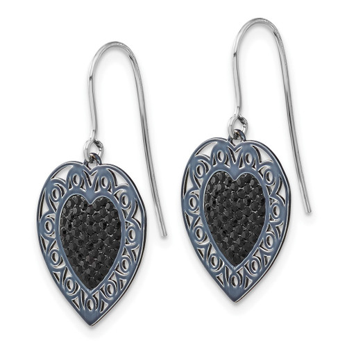 Sterling Silver Black Ceramic Black Crystal Heart Dangle French Wire Earrings, 28 mm - View 2