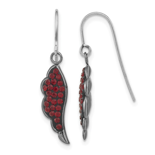 Sterling Silver Black Ceramic Red Crystal Wing Dangle French Wire Earrings, 31 mm