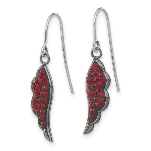 Sterling Silver Black Ceramic Red Crystal Wing Dangle French Wire Earrings, 31 mm - View 2