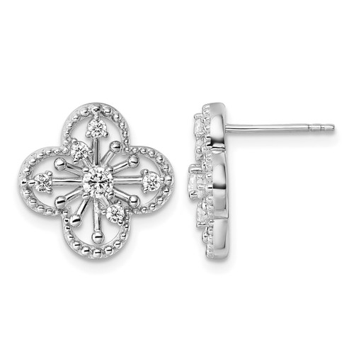 Sterling Silver Rhodium-Plated Cubic Zirconia Textured Clover Shape Stud Earrings, 15 mm