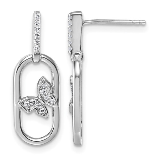 Sterling Silver Rhodium-Plated Cubic Zirconia Oval Dangle With Butterfly Post Drop Earrings, 23 mm