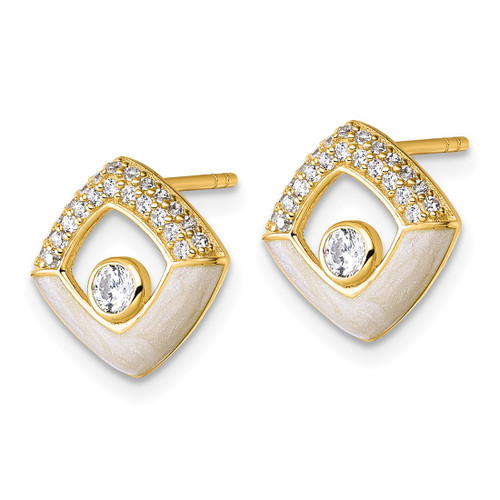 Sterling Silver Gold-Tone Cubic Zirconia and Champagne Enamel Polished Square Stud Earrings - View 2