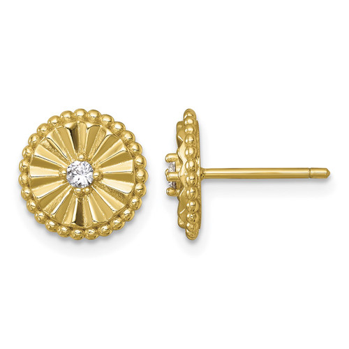 Sterling Silver Gold-Tone Polished Beaded and Textured Cubic Zirconia Circle Stud Earrings
