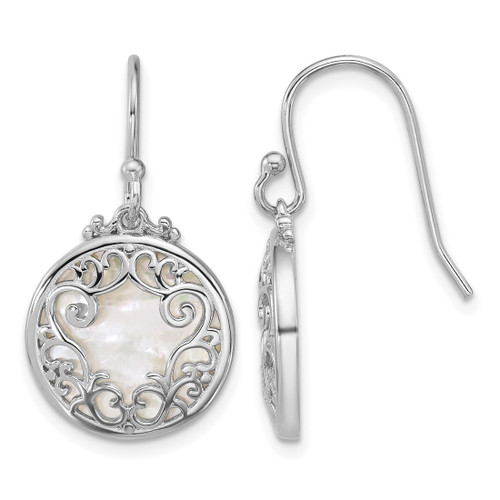 Sterling Silver Rhodium-Plated Polished Filigree Mother of Pearl Filigree Circle Dangle French Wire Earrings