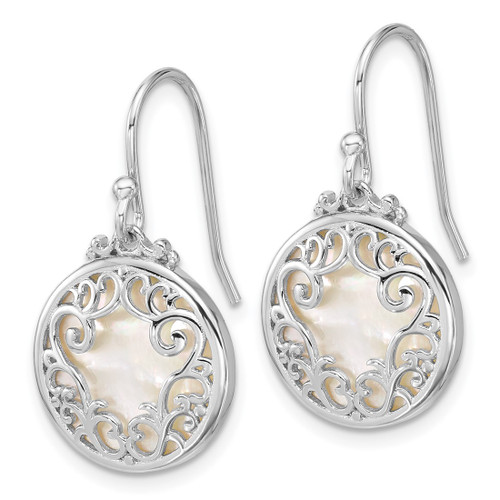 Sterling Silver Rhodium-Plated Polished Filigree Mother of Pearl Filigree Circle Dangle French Wire Earrings - View 2
