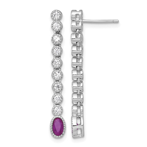 Sterling Silver Rhodium-Plated Polished and Beaded Oval Red and Round White Cubic Zirconia Dangle Earrings