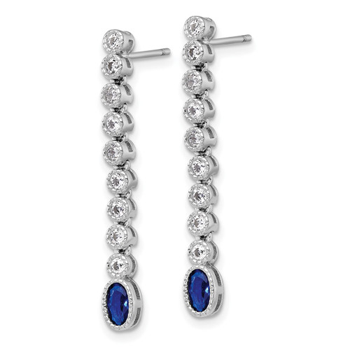 Sterling Silver Rhodium-Plated Polished and Beaded Oval Blue and Round White Cubic Zirconia Dangle Earrings - View 2