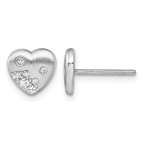 Sterling Silver Rhodium-Plated Brushed Cubic Zirconia Heart Stud Earrings
