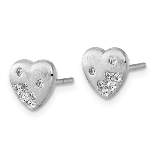 Sterling Silver Rhodium-Plated Brushed Cubic Zirconia Heart Stud Earrings - View 2