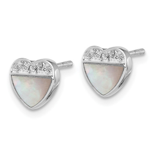 Sterling Silver Rhodium-Plated Polished Mother of Pearl and Cubic Zirconia Heart Stud Earrings - View 2