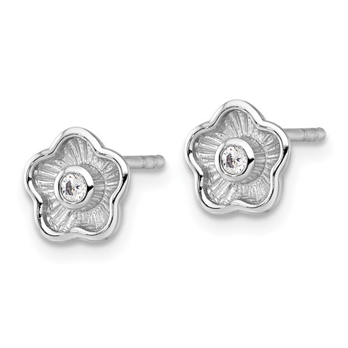Sterling Silver Rhodium-Plated Polished Textured Cubic Zirconia Flower Stud Earrings - View 2