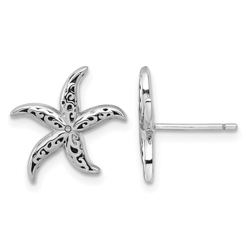 Sterling Silver Rhodium-Plated Polished and Oxidized Filigree Starfish Stud Earrings