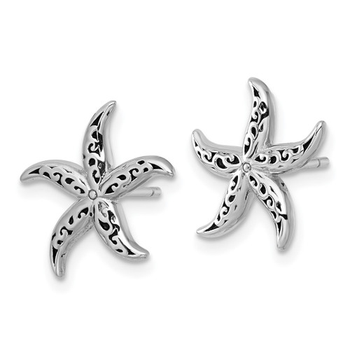 Sterling Silver Rhodium-Plated Polished and Oxidized Filigree Starfish Stud Earrings - View 2