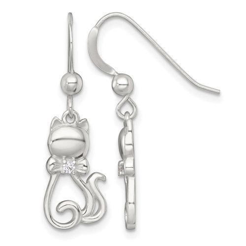 Sterling Silver Polished White Cubic Zirconia Cat Silhouette With Bowtie Dangle Shepherd Hook Drop French Wire Earrings, 29 mm