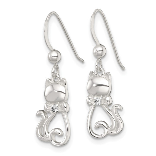Sterling Silver Polished White Cubic Zirconia Cat Silhouette With Bowtie Dangle Shepherd Hook Drop French Wire Earrings, 29 mm - View 2