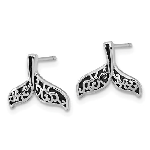 Sterling Silver Rhodium-Plated Polished and Oxidized Filigree Whale Tail Stud Earrings, 11.6 mm - View 2