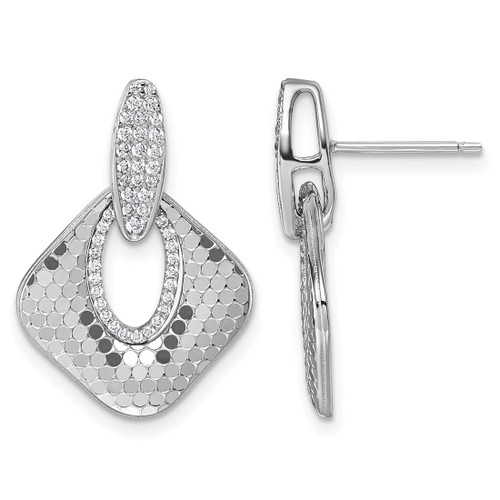 Sterling Silver Rhodium-Plated Cubic Zirconia Polished Textured Doorknocker Dangle Earrings, 23.6 mm