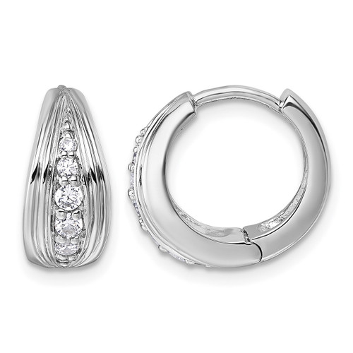 Sterling Silver Rhodium-Plated Polished and Grooved White Cubic Zirconia Polished Hinged Hoop Earrings, 13.6 mm